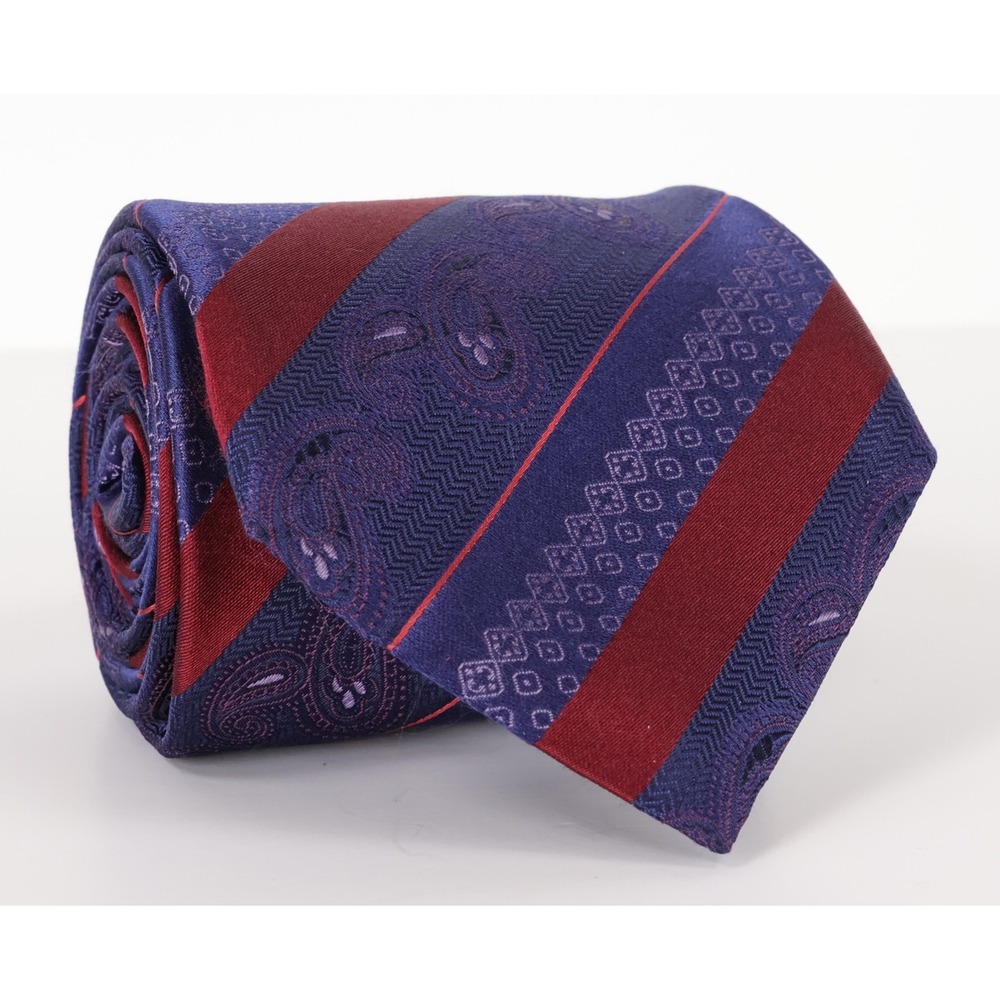 Canali Silk Necktie Blue Red Paisley Striped Pattern Made in Italy Preppy